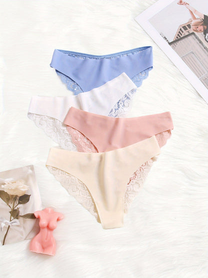 6pcs Contrast Lace Briefs, Comfy & Seamless Scallop Trim Intimates Panties, Women's Lingerie & Underwear