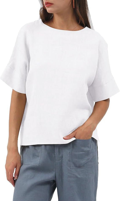 Linen Top Crew-neck Short-sleeve Shirt