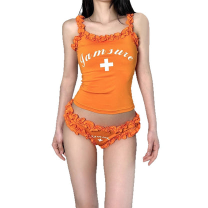 Vacation Style  Spicy Girl Letter Print Bikini Set Lace Trim Strapless Top Low Waist Triangle Pants
