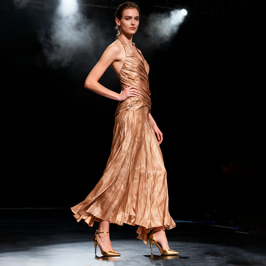 Champagne chiffon neck hanging dress dress
