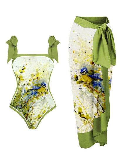 New Swimwear Set Multicolor Printed Chiffon Long Skirt One-Piece Sunscreen Swimsuit Beachwear Cover Up Bikini Bathing Suits