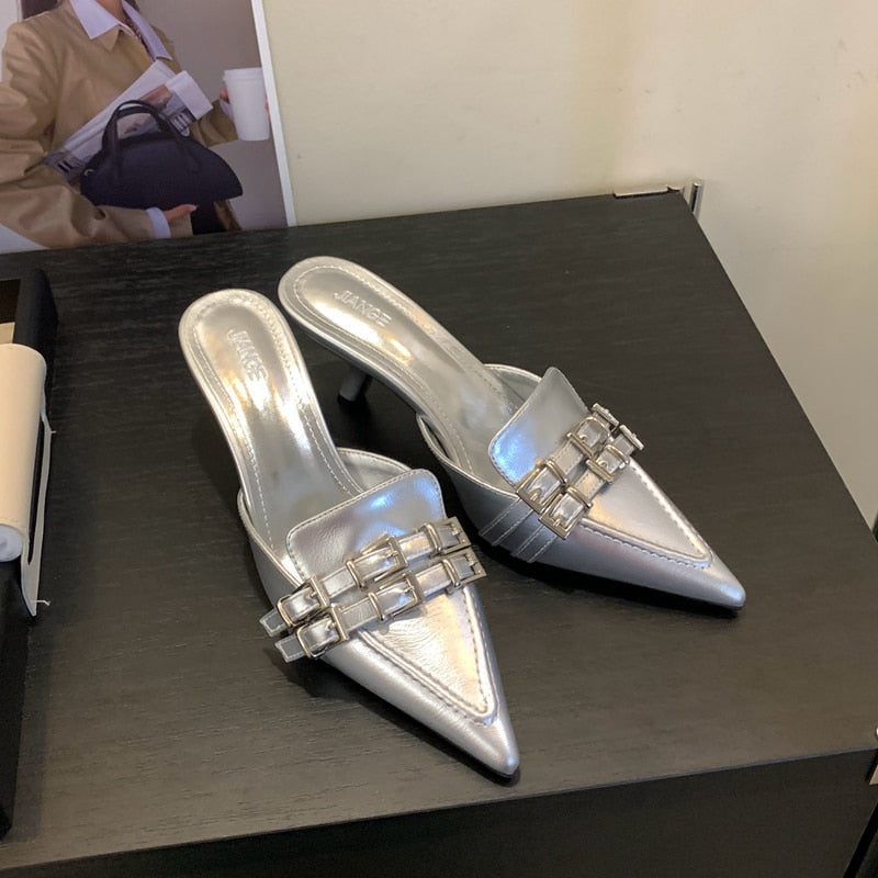 Summer New Brand Women Slipper Fashion Buckle Poined Toe Slip On Mules Shoes Thin High Heel Dress Sandal Shoes