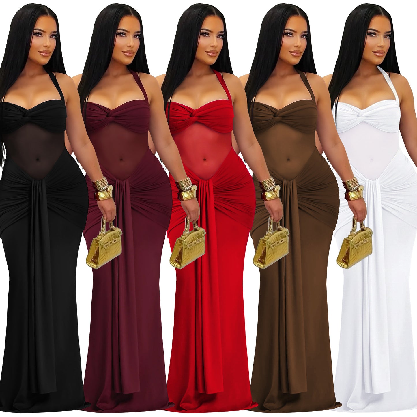 Fashion Women's Sexy Sheer Mesh Halter Tie-Back Dress