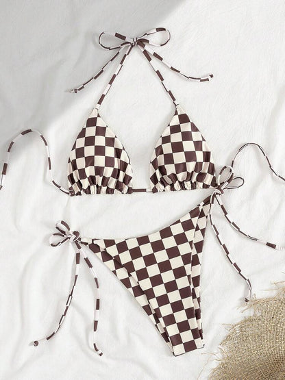 Lace up multi-color checkered split swimsuit women's bikini swimsuit