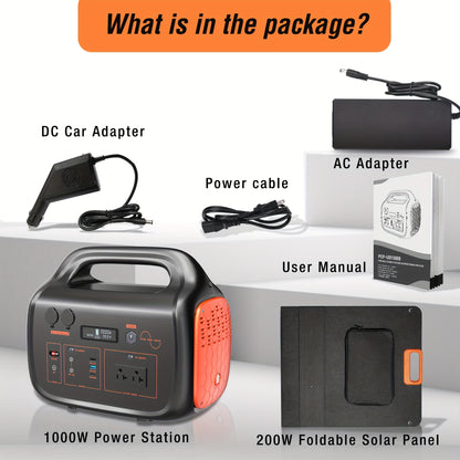 1000W (Peak 2000W)/1075Wh Portable Power Station with Foldable Solar Panel (200W), 1075Wh LiFePO4 (LFP) Battery, Fast Charging, Solar Generator Suitable for Family Emergency Outdoor Hunting Camping RV Trip