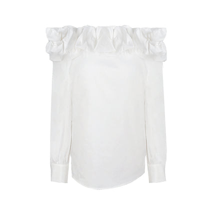 White Bud-collared Off-shoulder Blouse Top