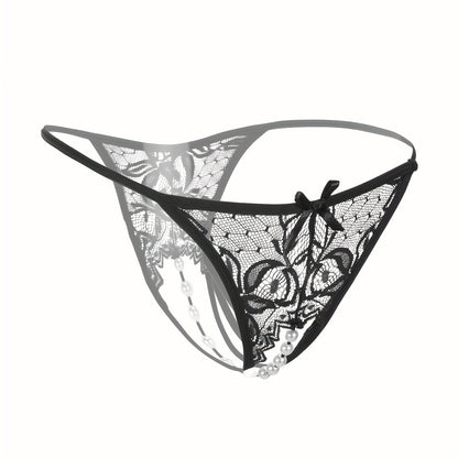 Sexy Floral Lace Thongs - Comfortable Women's Lingerie with Faux Pearl Detail, Open Crotch, and Elegant Design for a Confident You
