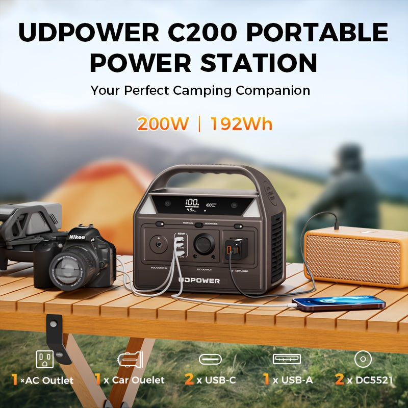 192Wh 200W Portable Power Station Solar Generator (40W Solar Panel Optional), High Capacity LiFePO4 (LFP) Battery Power Bank, with 2x 110V AC Outlets, DC USB-C Ports, LED Light, Powek Bank for Outdoor Camping Hiking Road Trip