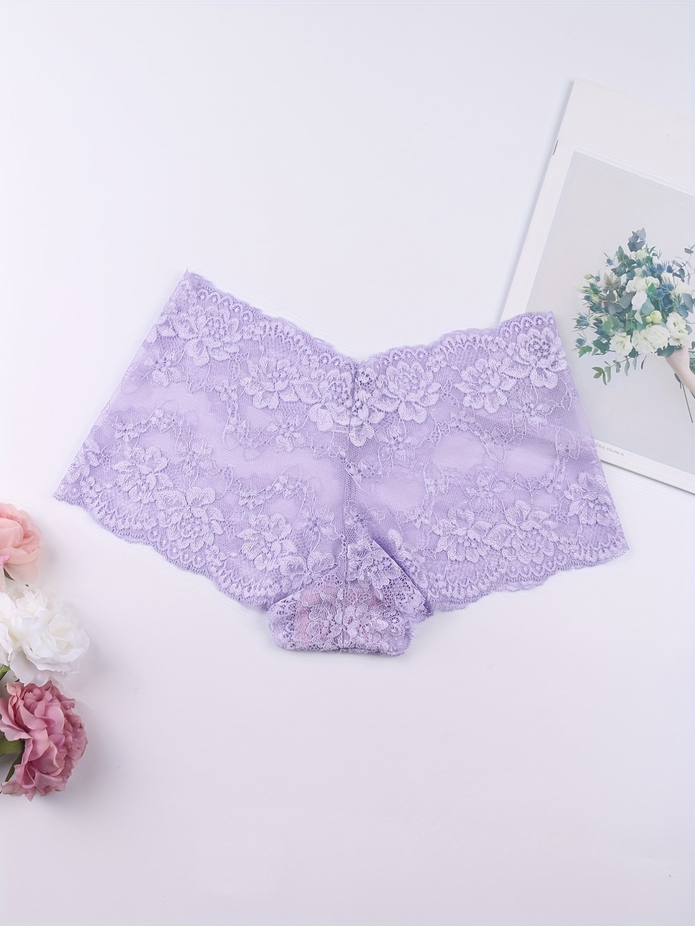 6pcs Floral Lace Boyshort Panties, Soft & Comfortable Scallop Trim Panties, Women's Lingerie & Underwear