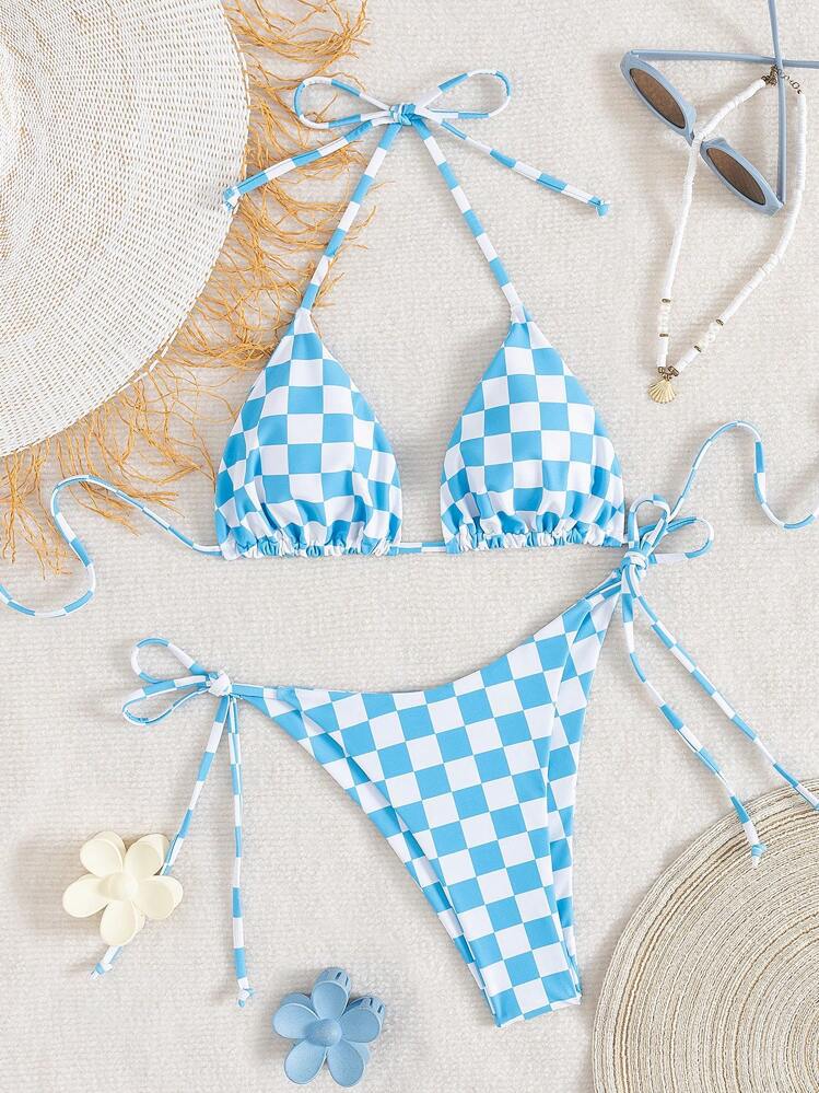 Lace up multi-color checkered split swimsuit women's bikini swimsuit
