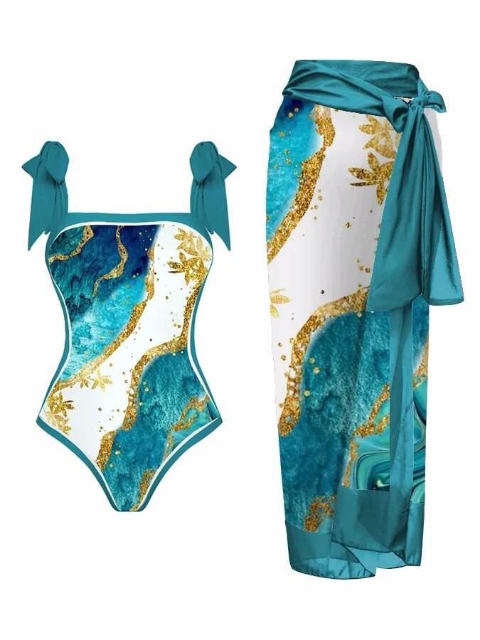 New Swimwear Set Multicolor Printed Chiffon Long Skirt One-Piece Sunscreen Swimsuit Beachwear Cover Up Bikini Bathing Suits