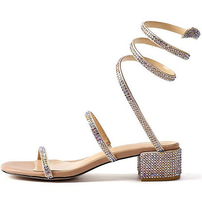 Summer Crystal Gladiator Sandals Women Open Toe Square Heels Sandals Women Fashion Party Dress Snake Strap Shoes