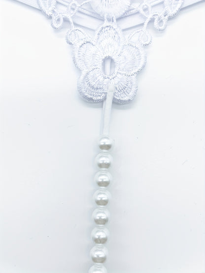 Floral Embroidery Thong, Hollow Out Faux Pearl Panties, Women's Sexy Lingerie & Underwear