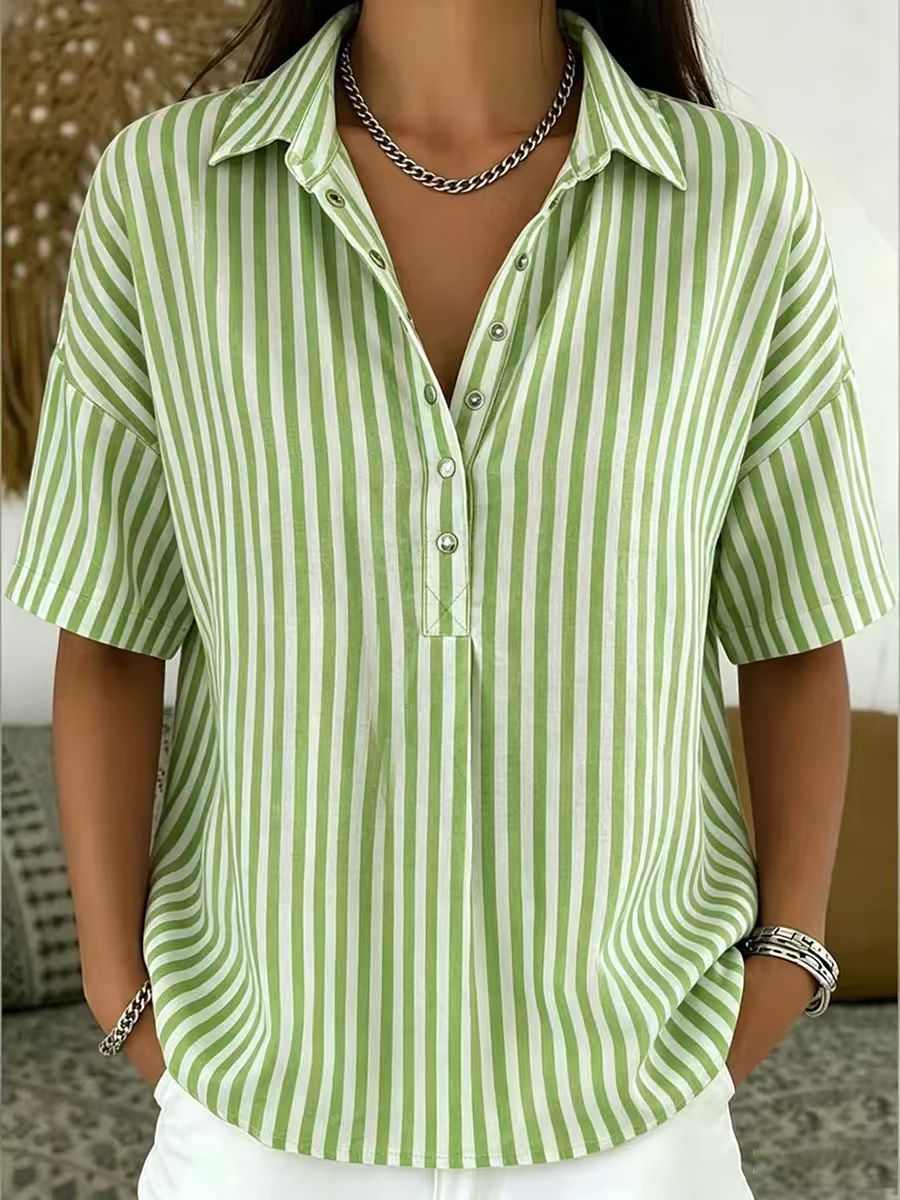 Women's Fashion Casual Striped Short-Sleeve Shirt With Lapel Collar