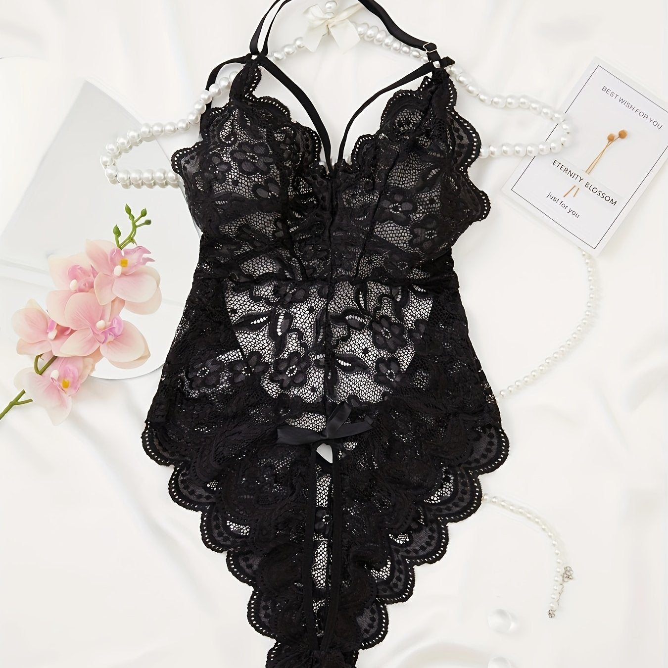 Hot Floral Lace Scallop Trim Halter Teddy, Backless Strappy Bodysuit, Women's Sexy Lingerie & Underwear
