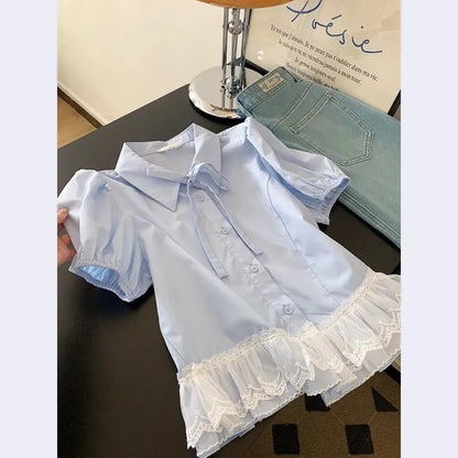 Light Luxury Youth-Enhancing Blue Lace Hem Short-Sleeve Shirt