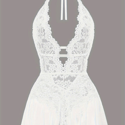 Sultry Floral Lace Teddy Bodysuit - Teddies with Halter Strappy Backless Open Crotch Design, Sexy Women's Lingerie & Underwear for Romantic Nights Out