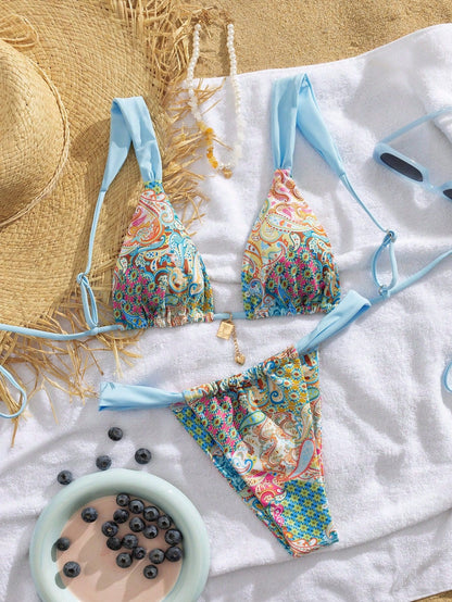 Elegant Printed Tie-up Bikini Set for Women, Fashionable Two-Piece Swimwear for Summer Beach Wear