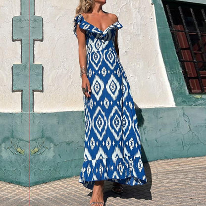 Elegant Ruffle V-Neck Sleeveless Elastic Gathered Style Wide Skirt Dress