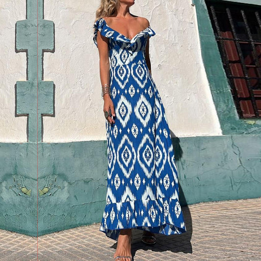Elegant Ruffle V-Neck Sleeveless Elastic Gathered Style Wide Skirt Dress