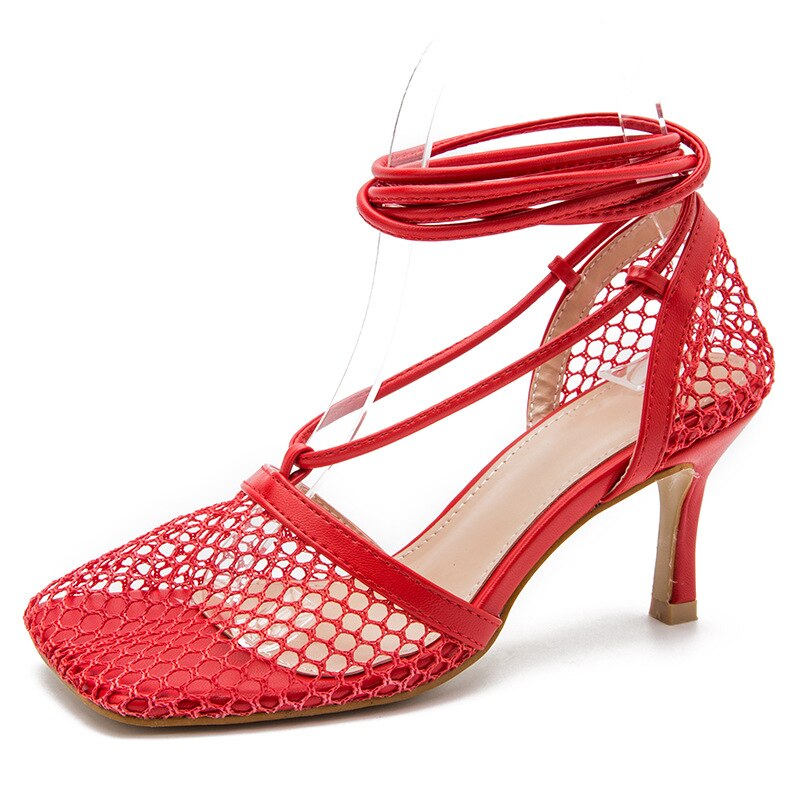 New Sexy Red Mesh Pumps Sandals Female Square Toe High Heel Lace Up Cross-tied Stiletto Hollow Dress Shoes  Mujer Bombas