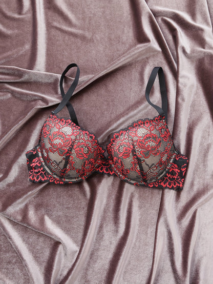 Floral Embroidery Lace Bra, Retro Push Up Underwire Bra, Women's Lingerie & Underwear