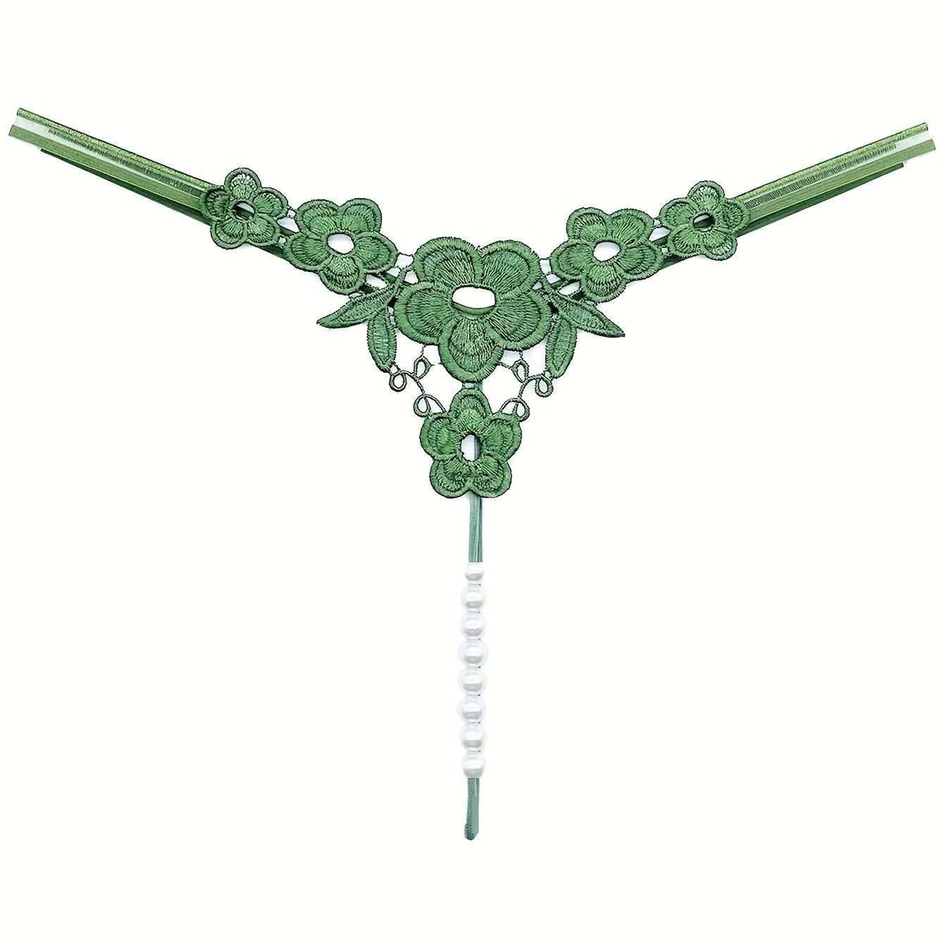 Floral Embroidery Thong, Hollow Out Faux Pearl Panties, Women's Sexy Lingerie & Underwear
