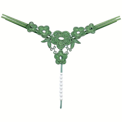 Floral Embroidery Thong, Hollow Out Faux Pearl Panties, Women's Sexy Lingerie & Underwear