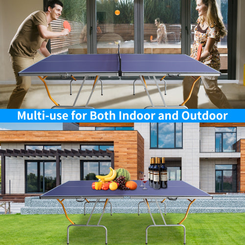 8ft Mid-Size Table Tennis Table Foldable & Portable Ping Pong Table Set For Indoor Games With Net, 2 Table Tennis Paddles And 3 Balls