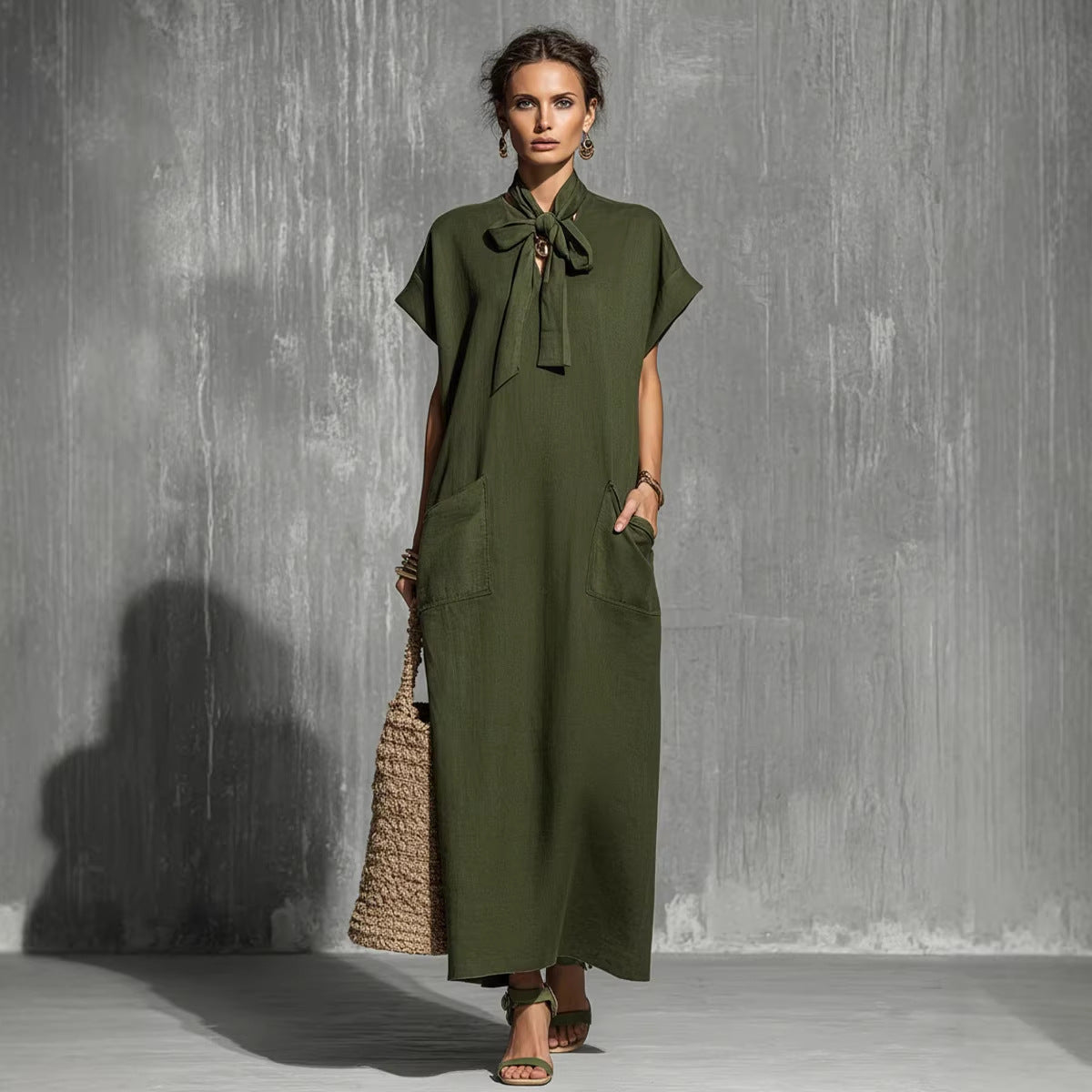 Military-green Cotton-linen Blend Tie-waist Short-sleeve Maxi Dress