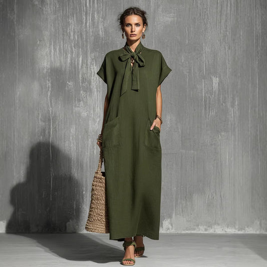 Military-green Cotton-linen Blend Tie-waist Short-sleeve Maxi Dress