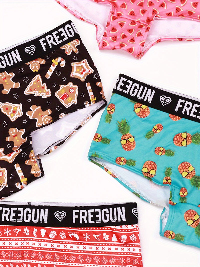 5pcs Soft & Comfortable Cartoon Print Boy Shorts - Women's Lingerie & Underwear with Cute Designs, Breathable Fabric, and Relaxing Fit for Everyday Wear