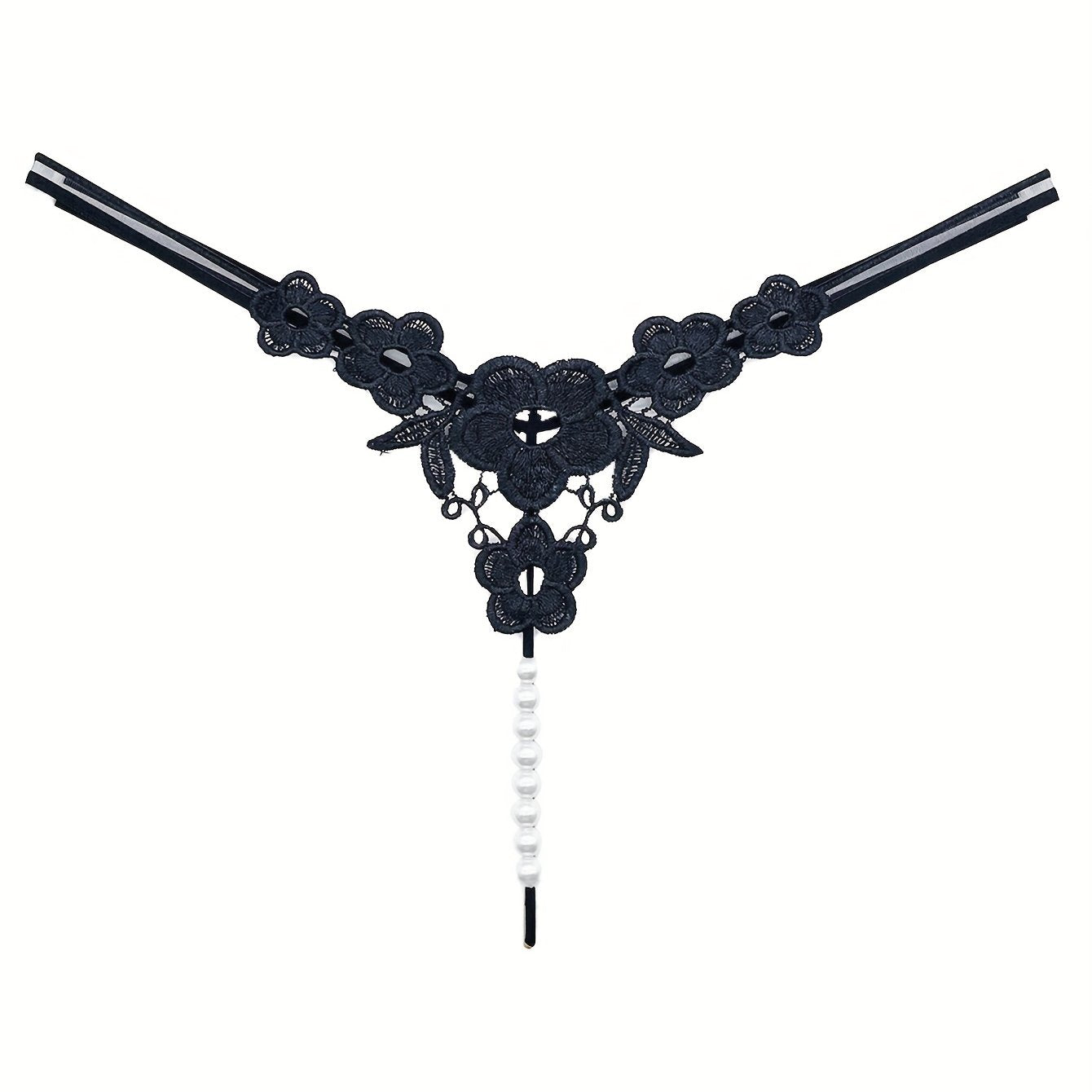 Floral Embroidery Thong, Hollow Out Faux Pearl Panties, Women's Sexy Lingerie & Underwear