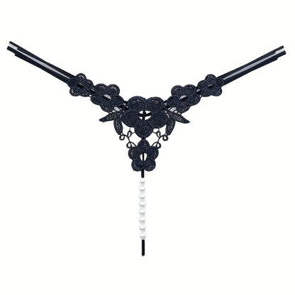 Floral Embroidery Thong, Hollow Out Faux Pearl Panties, Women's Sexy Lingerie & Underwear