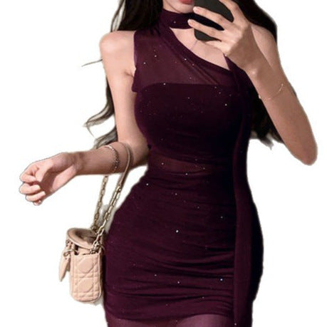 Womens Solid-Color Sequin Ribbon Off-the-Shoulder Sleeveless Dress