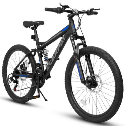 A2460 24 Inch Mountain Bike With Full Suspension, 21 Speed Grip Shifters, High Carbon Steel Frame, Mechanical Disc Brakes, Unisex For Men Women Adults, Ideal For Trails.