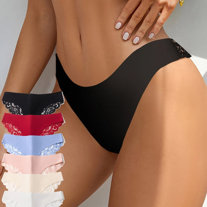 6pcs Contrast Lace Briefs, Comfy & Seamless Scallop Trim Intimates Panties, Women's Lingerie & Underwear