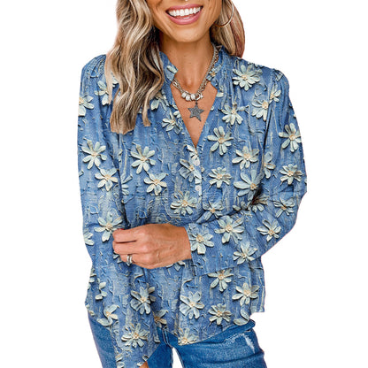 Retro Printed Chiffon Blouse Womens Textured Long-Sleeve Top