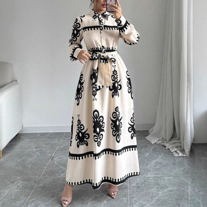 Style Printed Tie-up Long Dress with A-line Silhouette