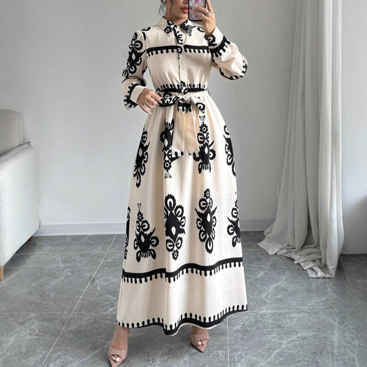 Style Printed Tie-up Long Dress with A-line Silhouette
