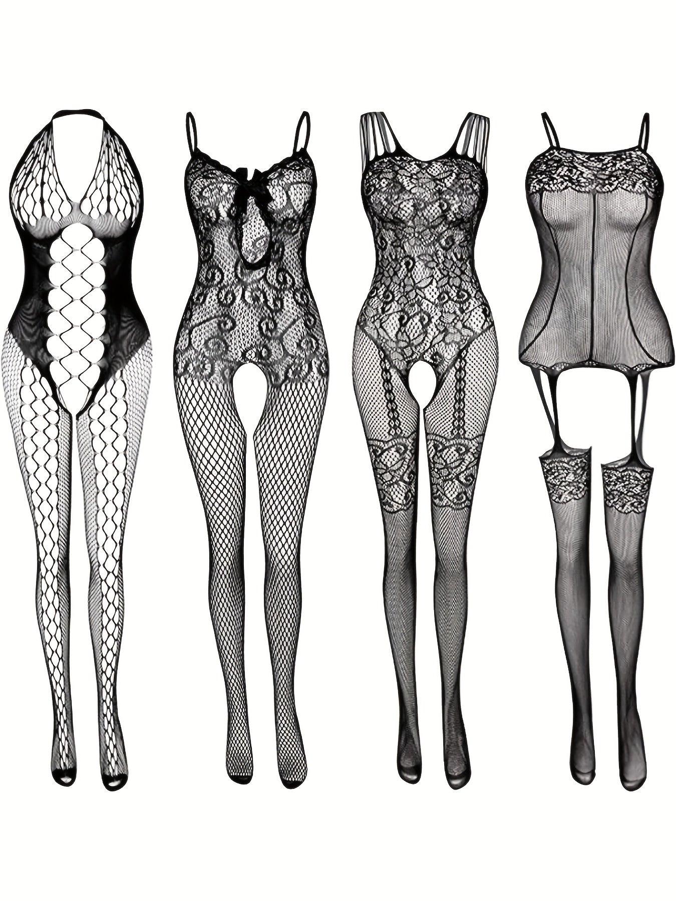 4 sets Sexy Fishnet Bodystocking with Open Crotch and Jacquard Design - Women's Lingerie and Underwear