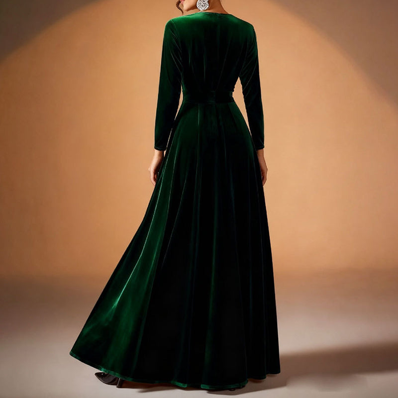 Women's Elegant Velvet Pleated Long Sleeve Cocktail Party Formal Wedding Guest A-Line Maxi Long Dress