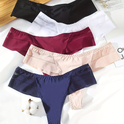 5pcs Seamless Mesh Thongs, Comfy Stretchy Contrast Intimates Panties, Women's Lingerie & Underwear