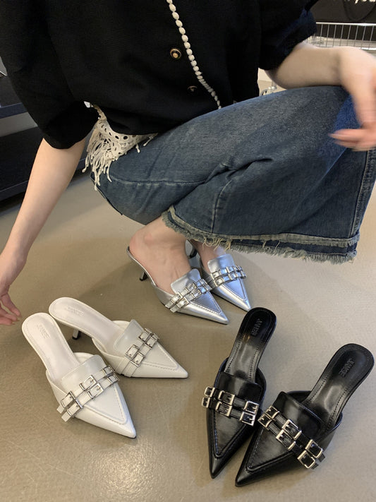 Summer New Brand Women Slipper Fashion Buckle Poined Toe Slip On Mules Shoes Thin High Heel Dress Sandal Shoes