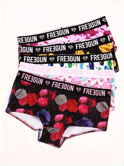 5pcs Soft & Comfortable Cartoon Print Boy Shorts - Women's Lingerie & Underwear with Cute Designs, Breathable Fabric, and Relaxing Fit for Everyday Wear