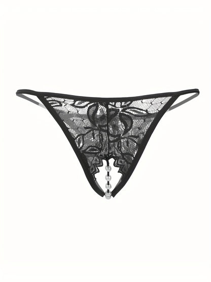 Sexy Floral Lace Thongs - Comfortable Women's Lingerie with Faux Pearl Detail, Open Crotch, and Elegant Design for a Confident You