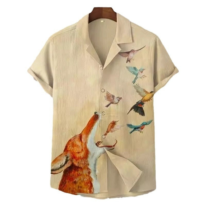 Comfortable Four-Way Stretch Wave-Print Short-Sleeve Cuban-Neck Shirt