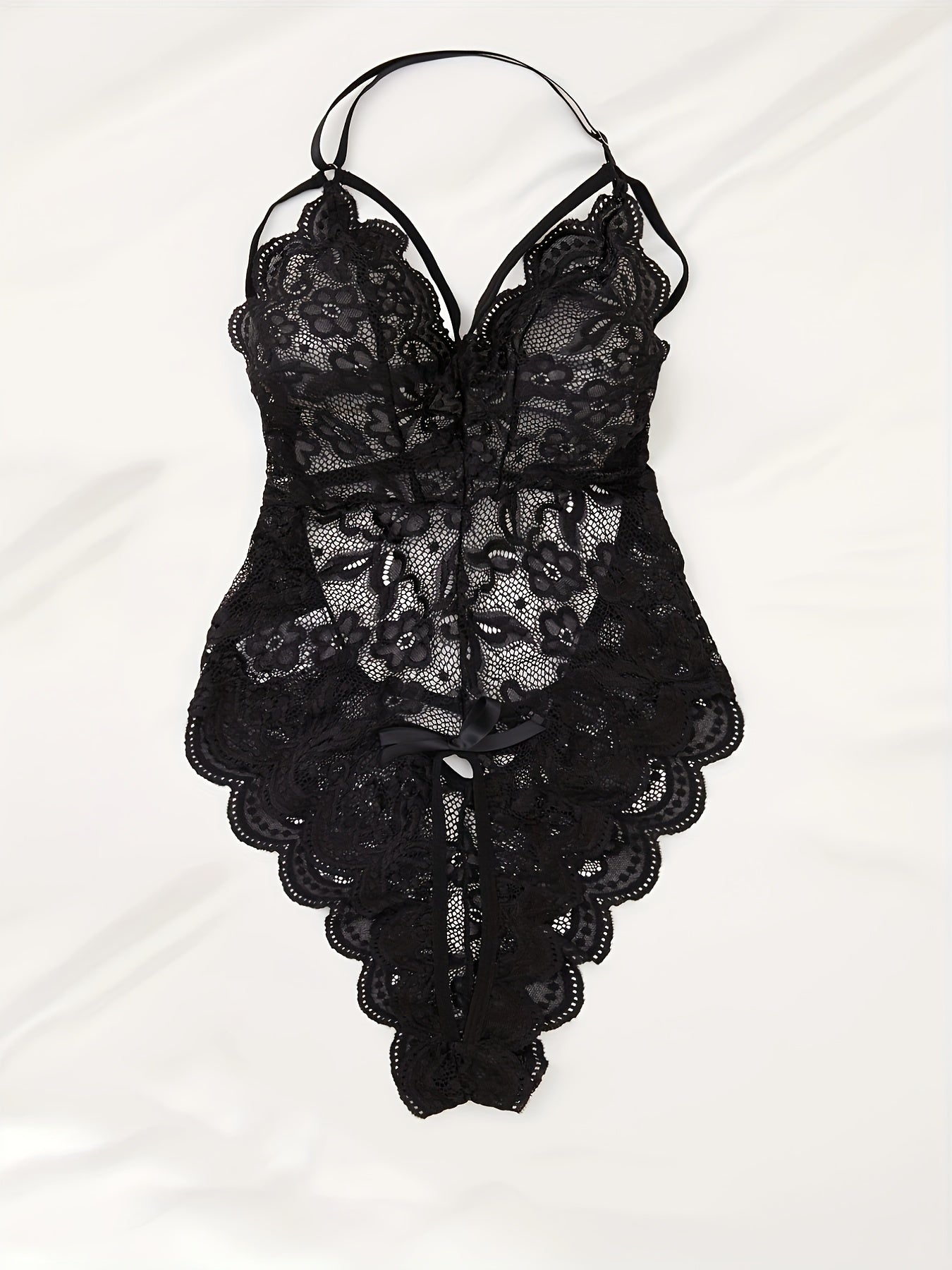 Hot Floral Lace Scallop Trim Halter Teddy, Backless Strappy Bodysuit, Women's Sexy Lingerie & Underwear