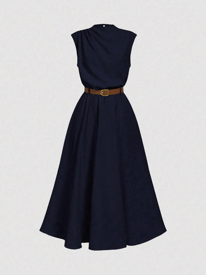 Solid-color High-neck One-sided Ruched Sleeveless Dress