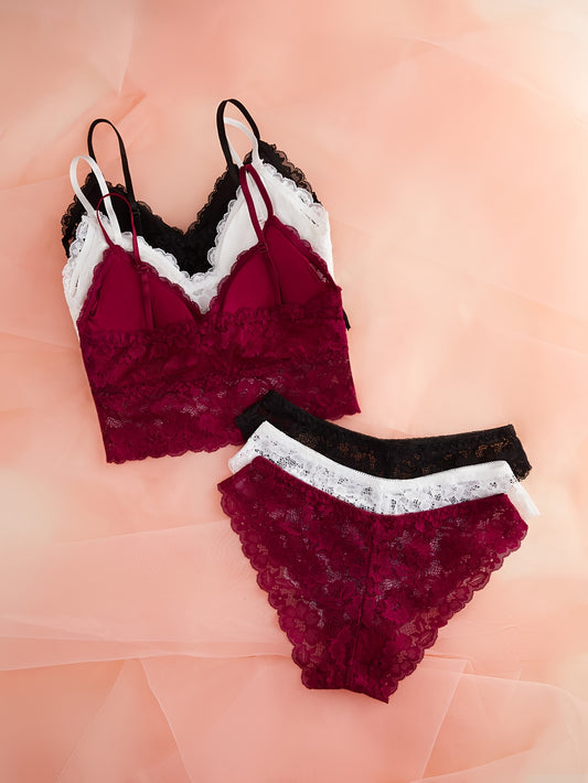 3 Sets Floral Lace Bra & Panties, Wireless Bra & Mesh Panties Lingerie Set, Women's Lingerie & Underwear